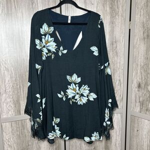Free People Mini Dress Floral Print Lace Trim Sleeve Wanderer Back Cut Out Sz S